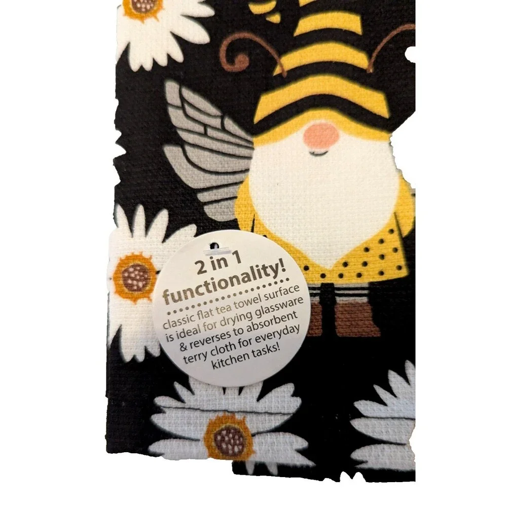 SAVE THE GNOMES Kitchen Towels 3-pc Honey Bee Gnome & Daisy Kay Dee Designs Gift